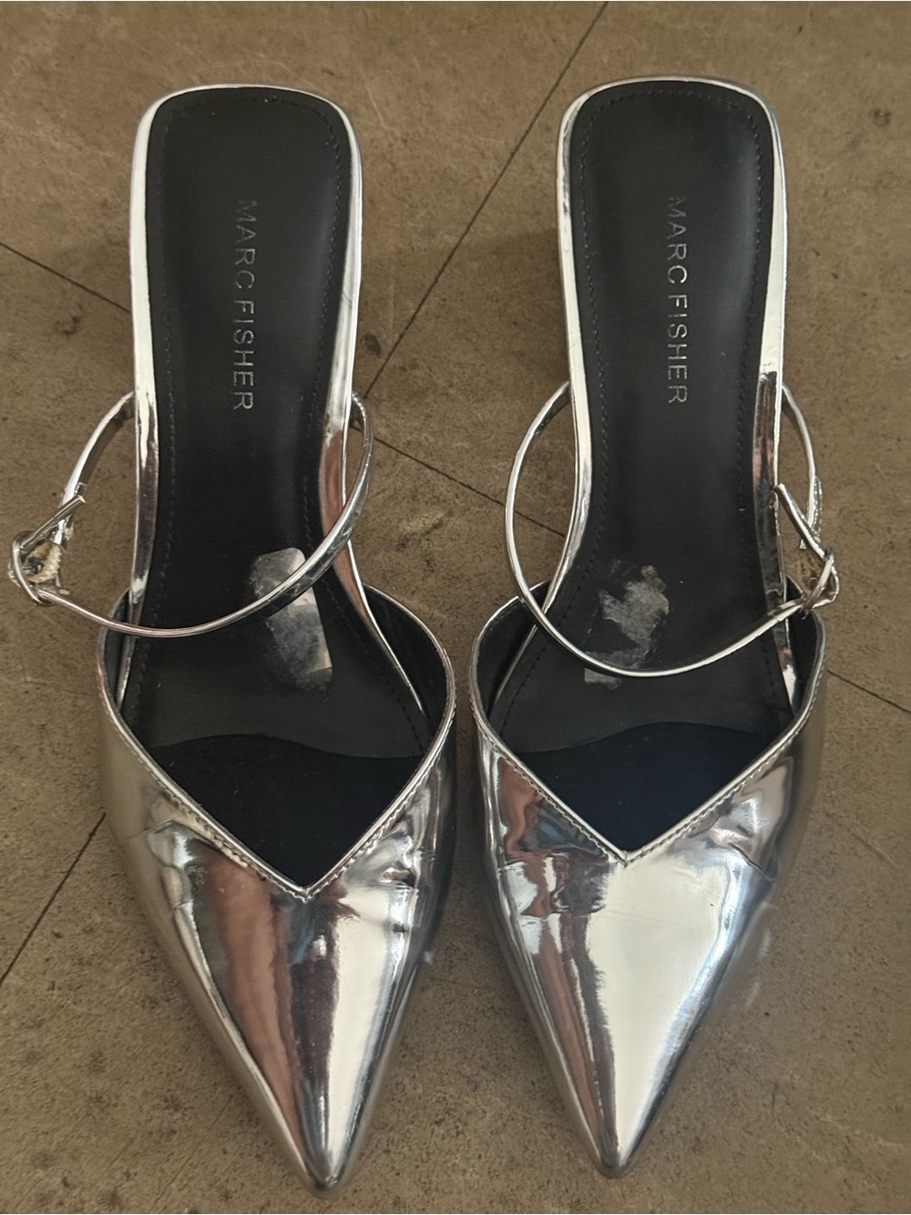 Marc Fisher Metallic Silver Pointed Slingback Mules